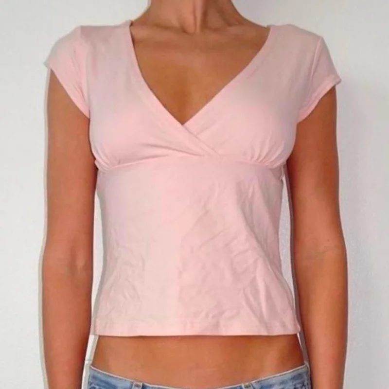 Women V Neck Cap Sleeve T Shirt Twist Front Slim Fit Basic Tee Y2k Cute Summer Causal Going Out Crop Top Streetwear Blue