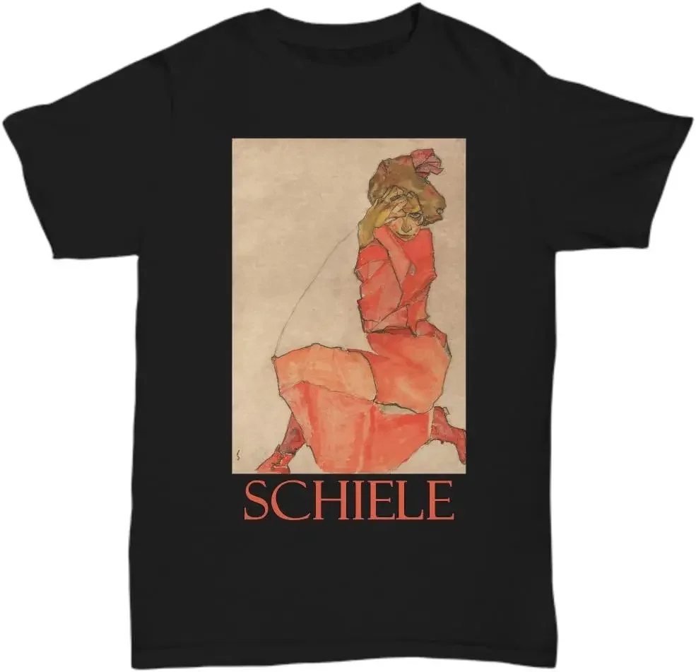 Kneeling Female in an Orange-Red Dress by Egon Schiele - Tees Y2K tops Unisex Summer Short Sleeve