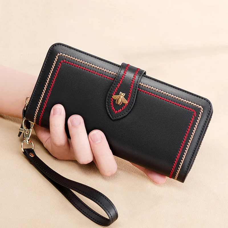 Women Card Holder Genuine Leather Wallets Clutch Female Purses Long Money Bag Zipper Coin Bee Luxury Brand Wristlet Phone Hasp