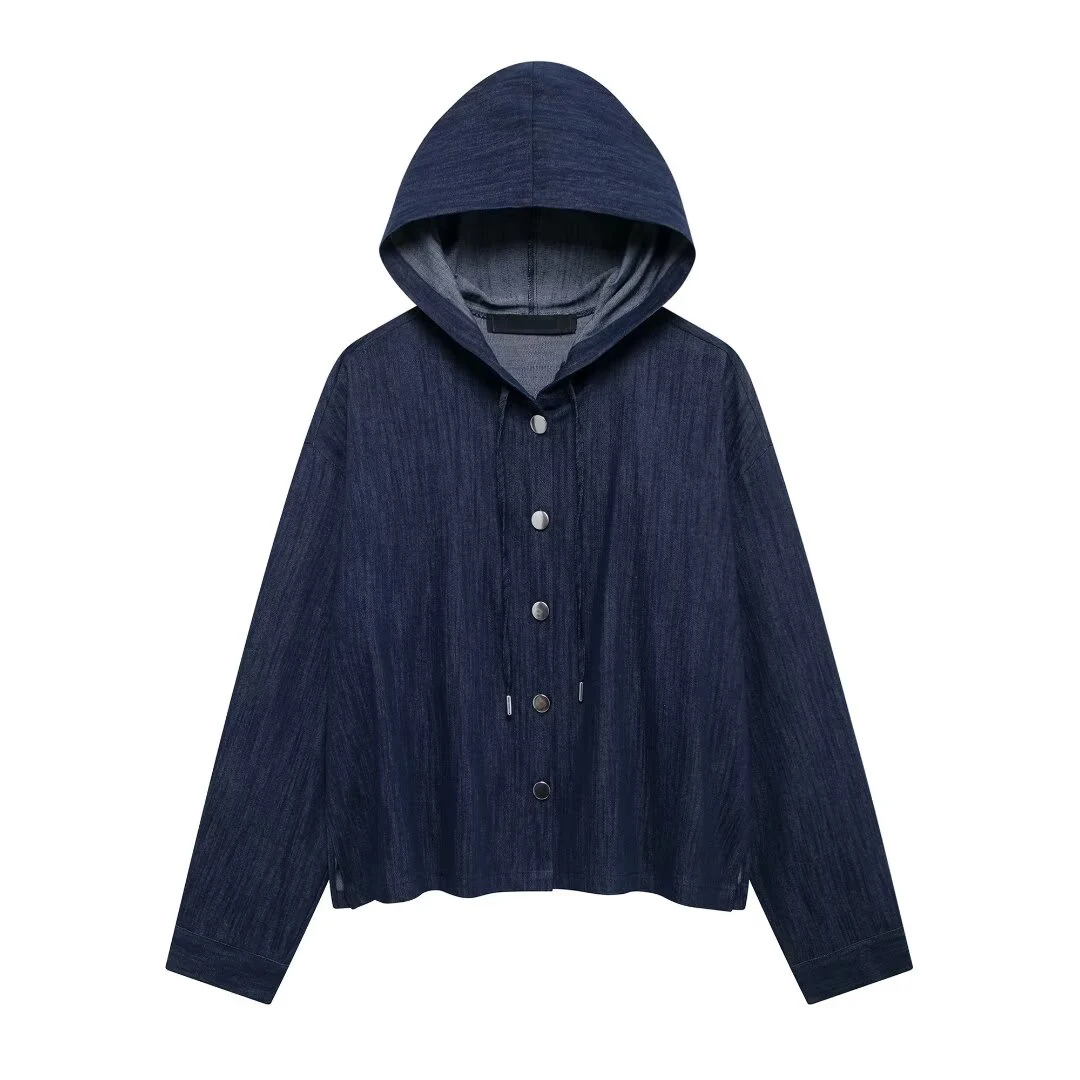 Tangada 2024 Women Oversized Blue Denim Hood Shirt Long Sleeve Female Loose Blouse Tops 3H882