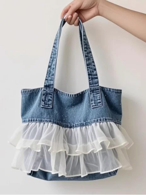 

JIAERDI Large Capacity Sweet Denim Lace Shoulder Bags Women Fairy Core Tote Bag Handbag Female Fashionable Y2k Bag Aesthetic