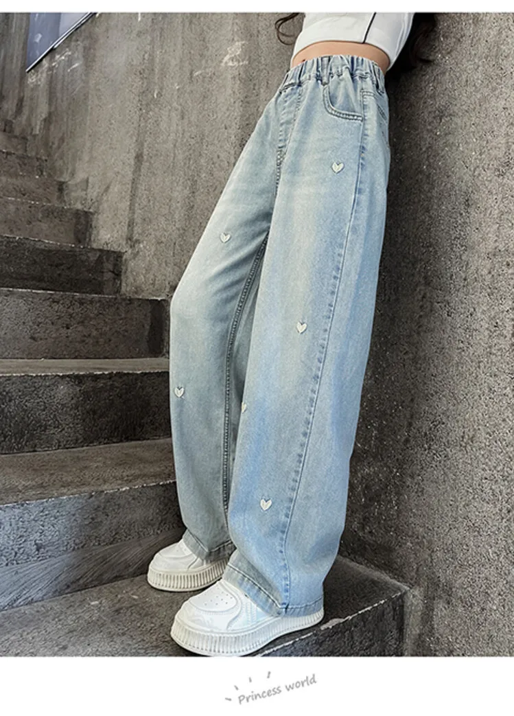 Neue Sommer-Jeans für Mädchen, leicht und atmungsaktiv, mit kleiner Herz-Stickerei, mückensichere Hose für Teenager-Mädchen im Alter von 4 bis 14 Jahren – Detail 12