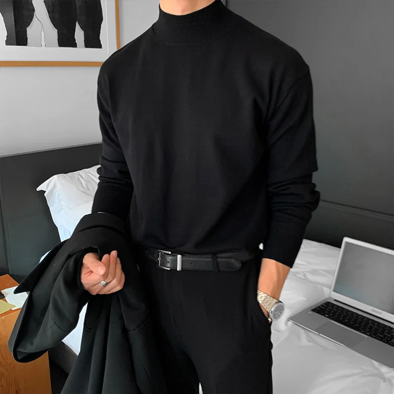 

Autumn Winter Long Sleeve Inner Wear High End Mock Neck Sweater Men Korean Style Loose Casual Solid Color Knit Base Layer