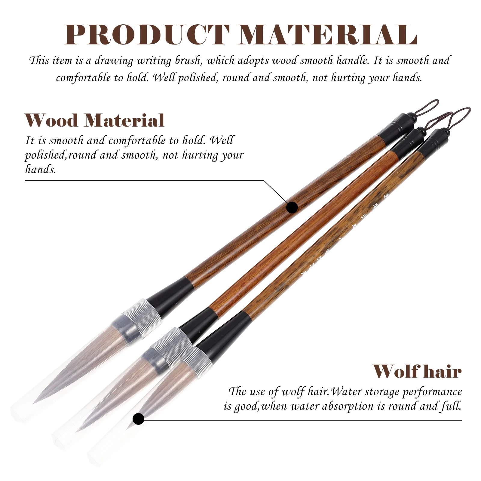 

3Pcs Pure Wolf Hair Chinese Calligraphy Brush Wooden Bar Smooth Rounded Handle Traditional Sumi Painting Brush Watercolor