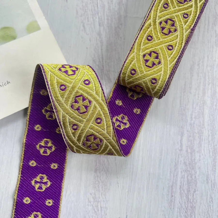 Gold silk Embroidery Cross Pattern Ribbon Lace Jacquard Woven Webbing DIY Clothing Shoes Edge Sewing Accessories 3.3cm 7Meter