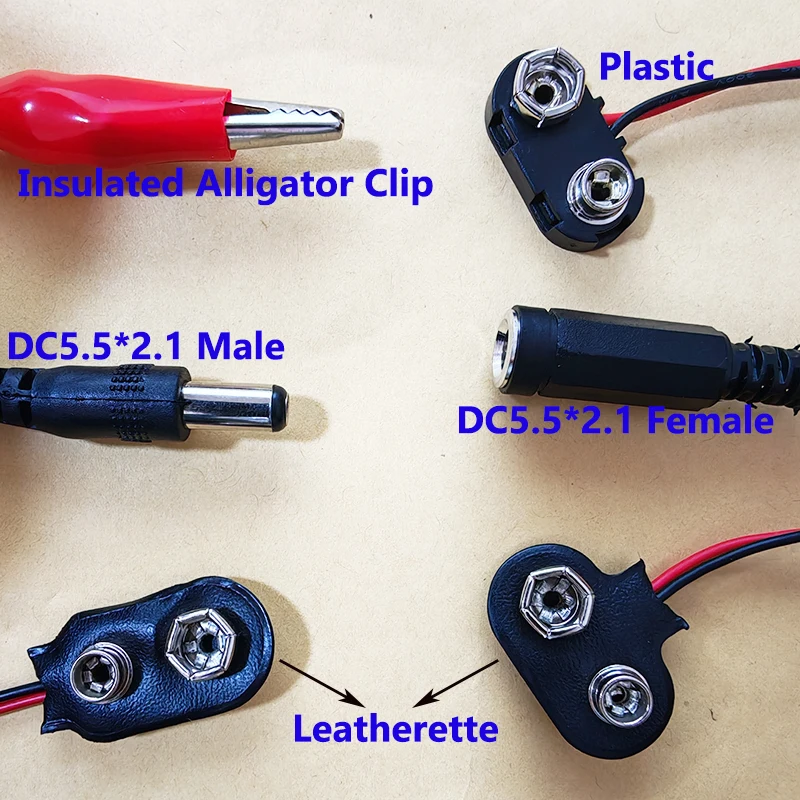 9V Battery Clip Cable Kit T/I Type 6F22 Square Battery Connector to Alligator Clip DC2.1mm Plug 15cm Wire For DIY & Multimeter