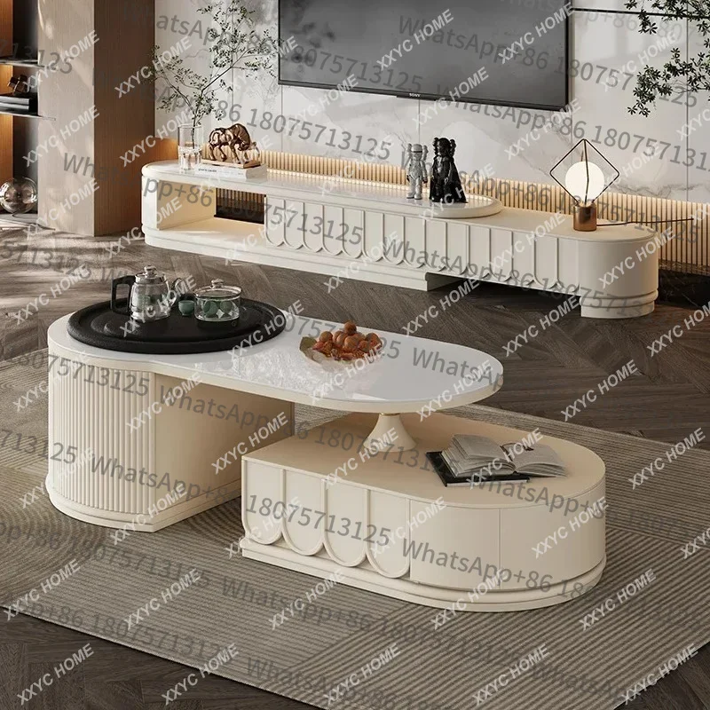 LRock slab kung fu tea table Boil water and drink tea integrated living room household cream wind retractable oval coffee