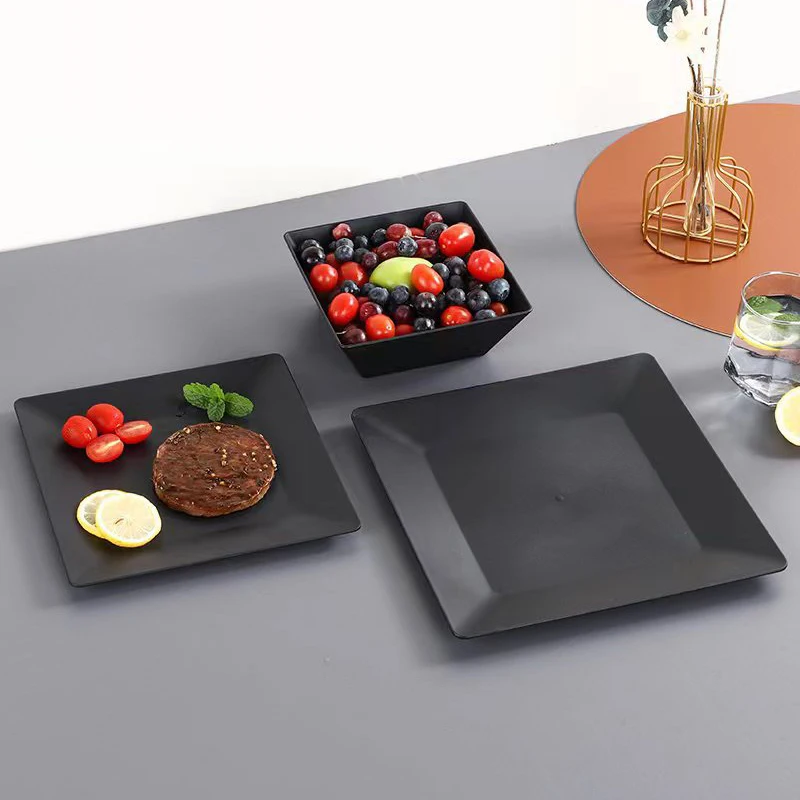 

3 Pcs Black Plastic Steak Plate Solid Color Square Dinner Snack Plate Sushi Steak Barbecue BBQ Pastry Fruit Tray Cake Dishes