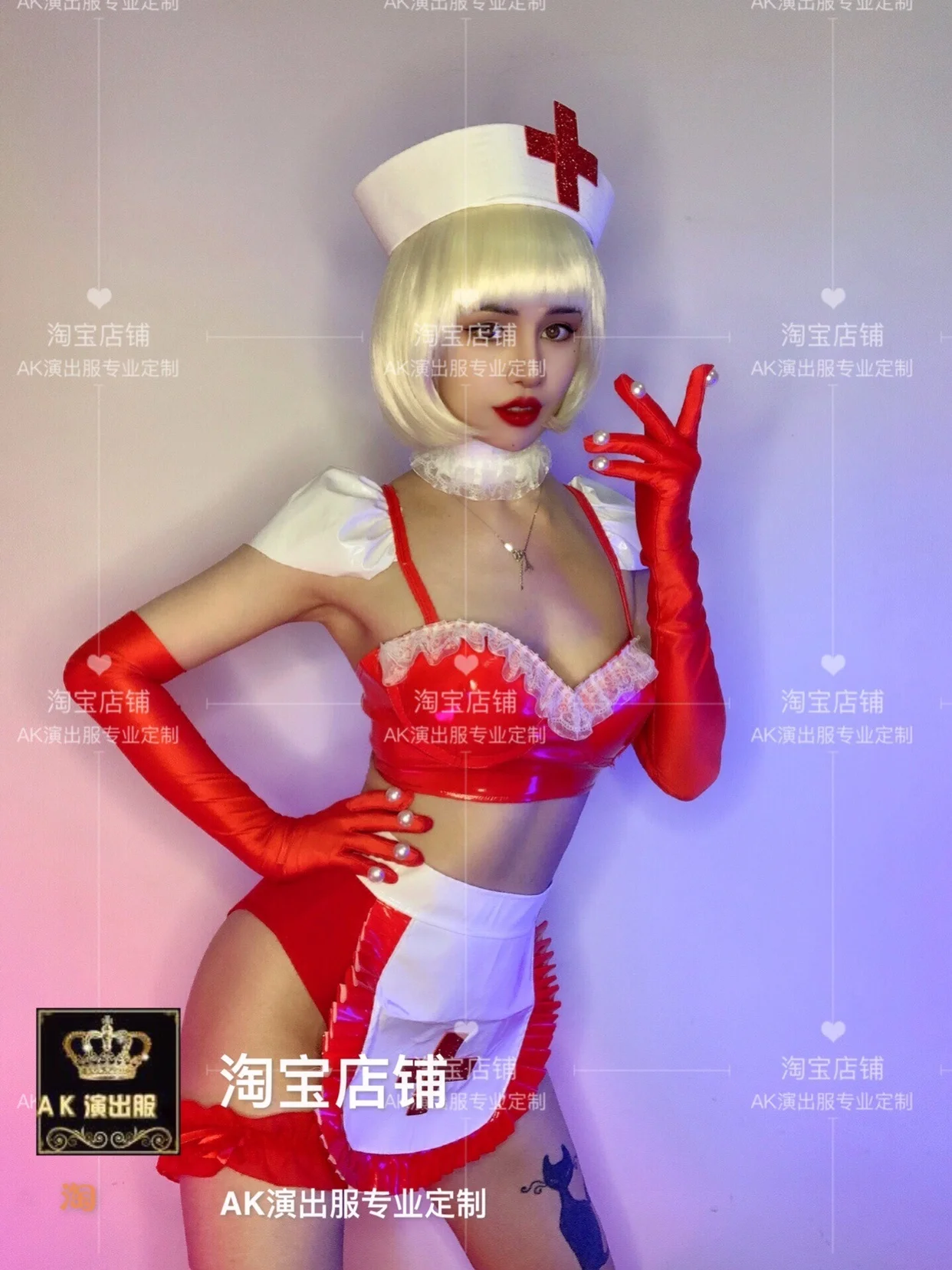 

JK Performance Sexy Doctor Night Club Bar Cos Nurse's Day Party Clothing Cross Red Patent Leather Bikini Stage Cosplay Costume