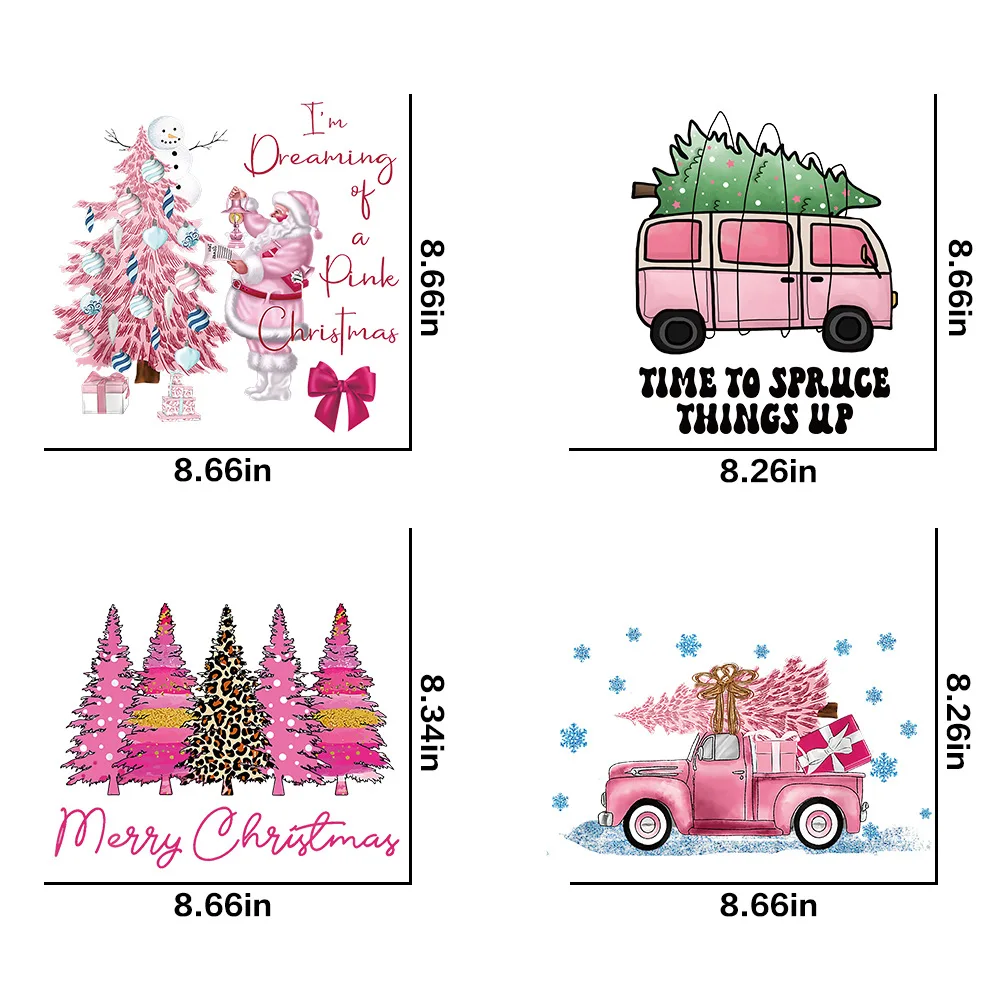 4 types Pink Christmas Pattern Christmas Tree DTF Thermo Sticker Decals Heat Transfer Clothes Clothing Crafts Diy Accessory