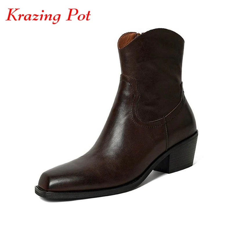 

Krazing Pot 2025 Cow Leather Square Toe Winter Warm Modern Boots Office Lady Vintage Front Zipper British School Ankle Boots