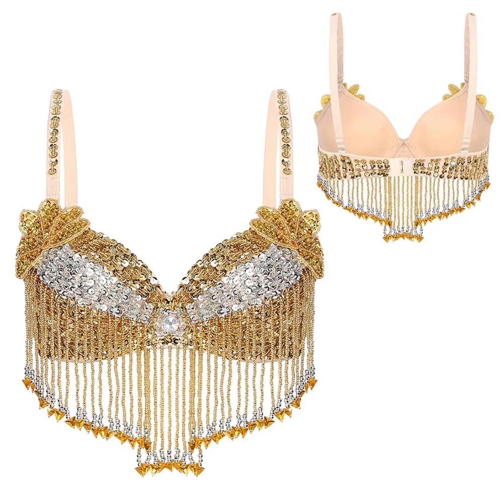 

Очаровательные топы для танца живота с кисточками из бисера, регулируемые бретели, бюстгальтер с блестками для ночного клуба, блестящая одежда для сценических танцев на Таиланде/Индии/араб