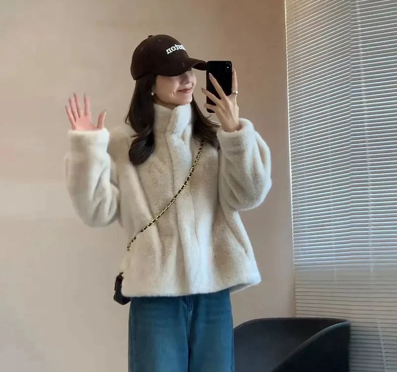 معطف فرو نسائي من ort Thiened بياقة واقفة من الجلد والفرو الكامل شتوي دافئ كاجوال #4