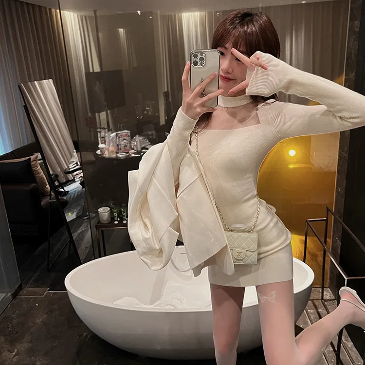 6663 Sukienka z półgolfem, prześwitująca siateczka, czysta sensualność, seksowna, wyszczuplająca talię, elastyczna, dzianinowa, do noszenia pod ubraniem, obcisła, krótka spódniczka