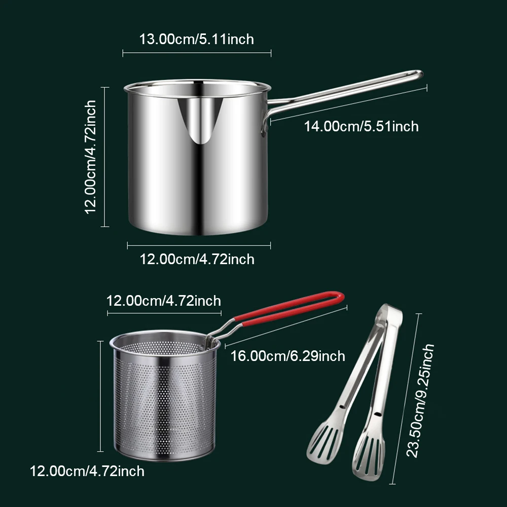 For Kitchen French Fries Tempura Fryer Pan With Strainer Deep Fryer Deep Frying Pot 304 Stainless Steel 2pcs 3pcs Milk Pot