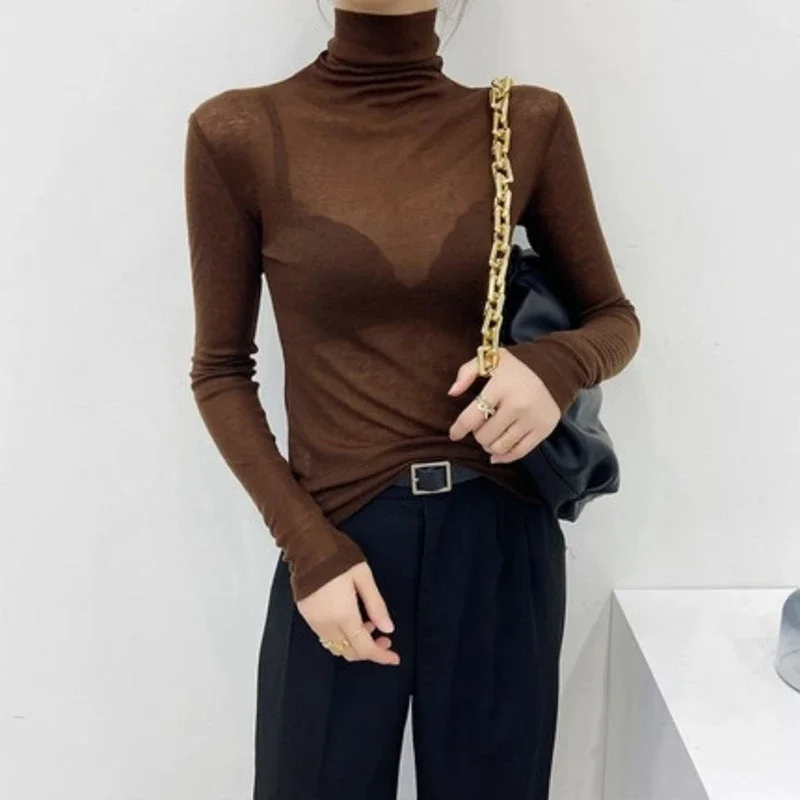 T-shirt basique à col roulé pour femme, manches longues, t-shirts sexy pour femme, mince, grande taille, mode automne et hiver, nouveau