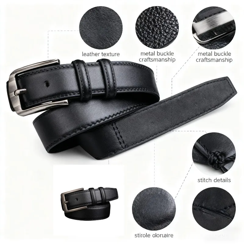 

Мужской классический кожаный ремень с металлической пряжкой и прошитыми деталями, формальный и повседневный аксессуар на талию