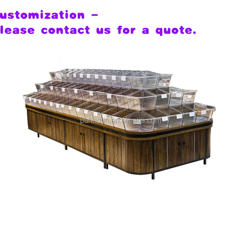 custom.New Design Double-Sided Display Cabinet Heavy Duty Wooden Board Snack Food Storage Iron Supermarket Bulk Foods Shelf