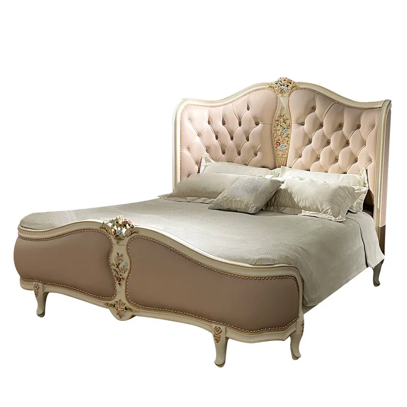 European style all solid wood leather bed princess girl bedroom big bed 1.5m 1.8m 2.m white master bedroom bed furniture