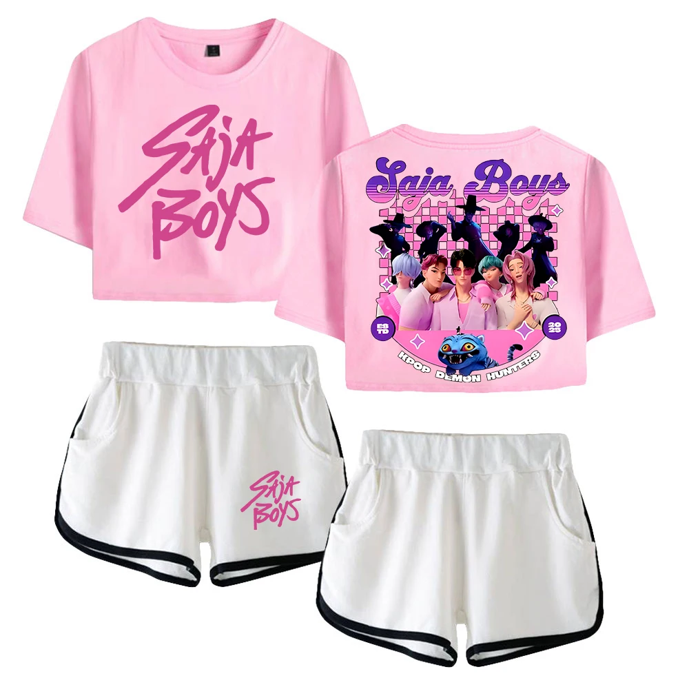 

KPop Demon Hunters Saja Boys Merch Short Sleeve Crop Top+Shorts Two Piece Set 2025 Cartoon Movie Women's Top Sets
