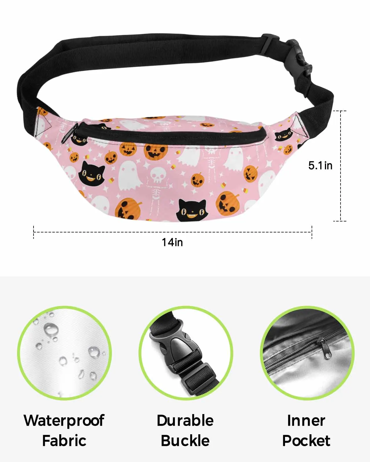 Halloween Ghost Pumpkin Candy Black Cat Pink  Men Women Waist Bag Fanny Pack Belt Bag Wallet Pouch Waterproof Banana Hip Bags