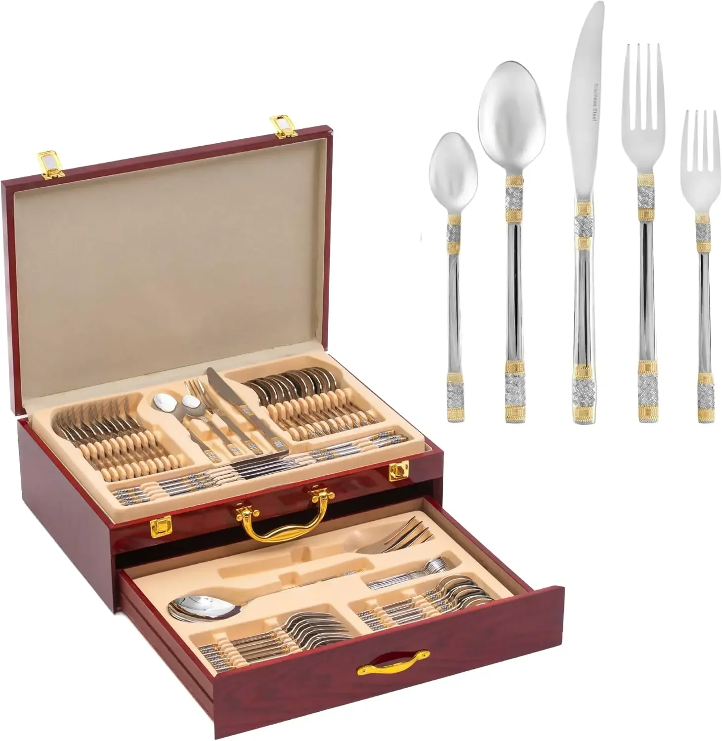 Flatware Set 18/10 Stainless Steel Service for 12 with Gold Accents Polished Cutlery and 3 Piece Hostess Ensemble