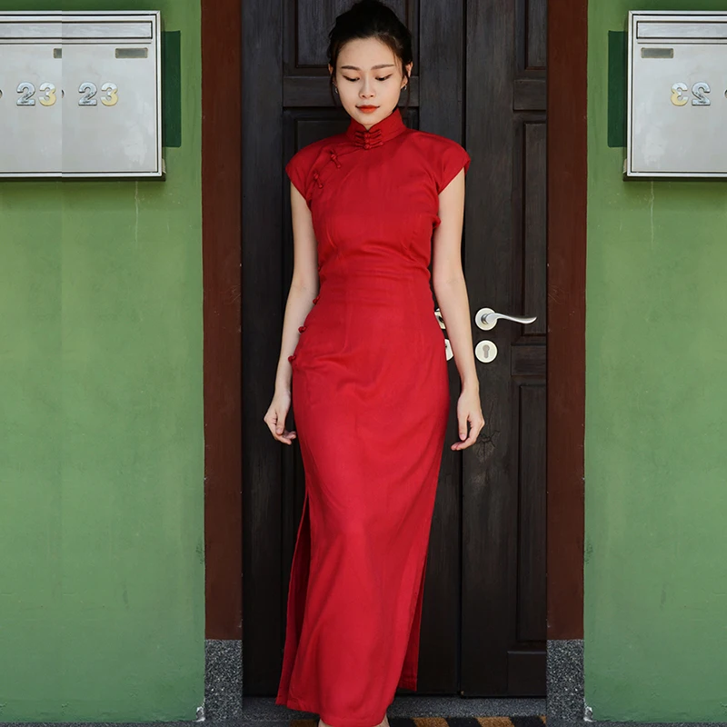 

Summer Autumn Svel Midi Length Artistic Retro Daily Improved Pure Color Cotton Silk Fraant Red