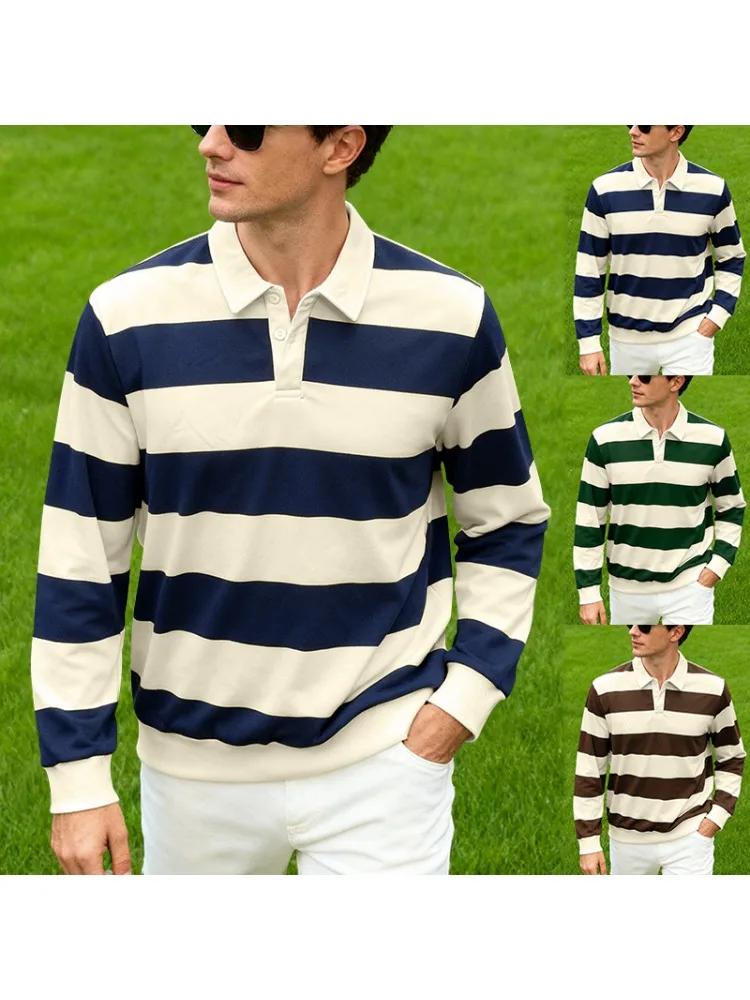 Heren gestreept rugbypolo met lange mouwen en kraag, casual school, buitensport, casual 3D-printen, lente, herfst en winter - afbeelding 2