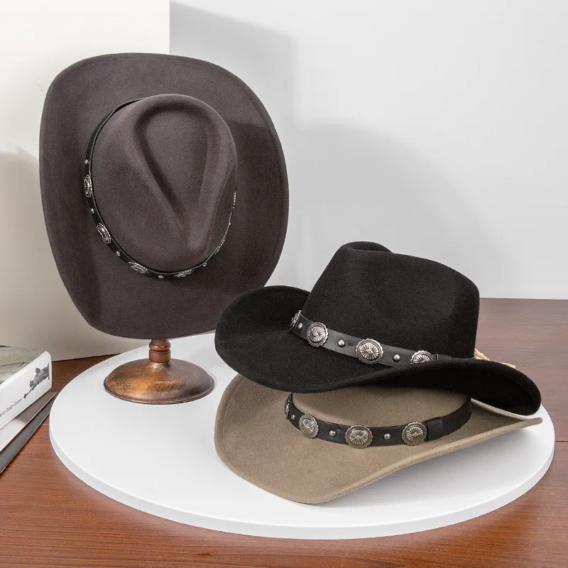 

New Western Fedora Cowboy Hat with Curled Eaves Men's and Women's Woolen Retro Riding Jazz Hats Luxury Sunshade Cap for Party