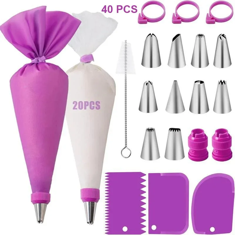 124/40/21PCS Piping Bags and Tips Set Cake DIY Decorating Kit with Stainless Steel Nozzle Reusable Silicone Pastry Baking Tool