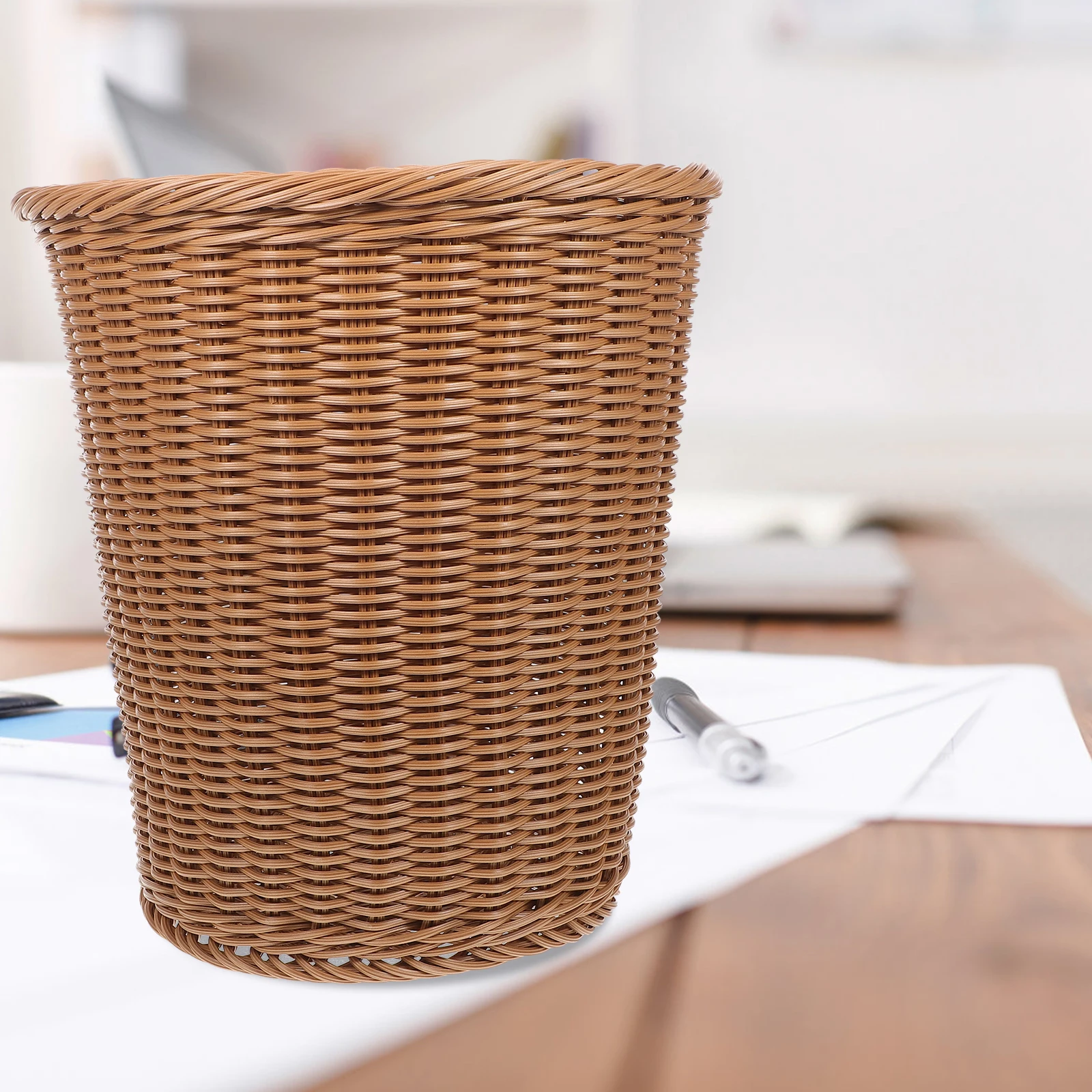 

1pc Office Trash Can Simulated Rattan Woven Wastebasket Storage Basket Beige Lightweight Compact Sturdy Household Trash