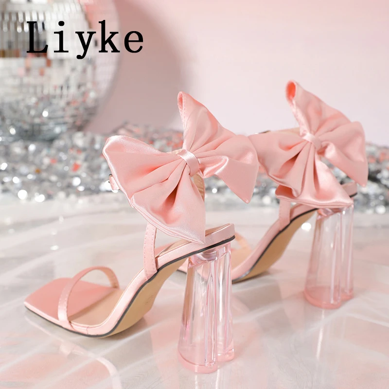 Liyke Sweet Style Pink Bowknot Designer Sandals Women Summer Fashion Square Toe Strange Transparent High Heels Party Prom Shoes