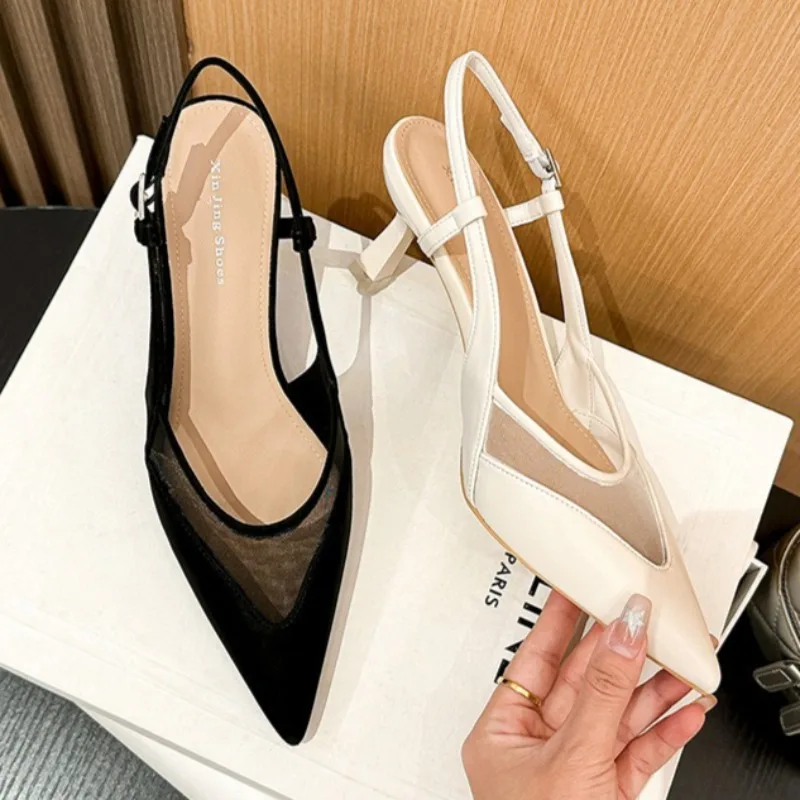 

Элегантные женские сетчатые туфли на высоком каблуке с острым носком, новые летние лаконичные офисные модельные туфли, модные женские сандалии с открытой пяткой и пряжкой