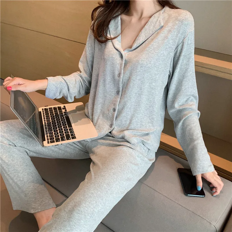 Fdfklak Women Pajamas Suits 2024 Spring Autumn New Sleepwear Casual V-Neck Female Night Wear Black/Gray 2Pcs Homewear Set