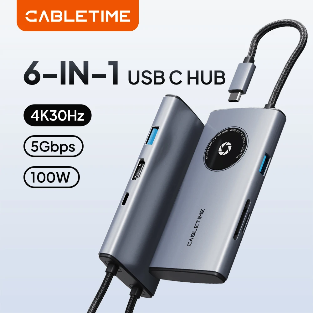CABLETIME 6 IN 1 Multiport USB C HUB One-Touch 4K@30Hz 5Gbps Transmission PD100W for Laptop Macbook DELL Lenovo