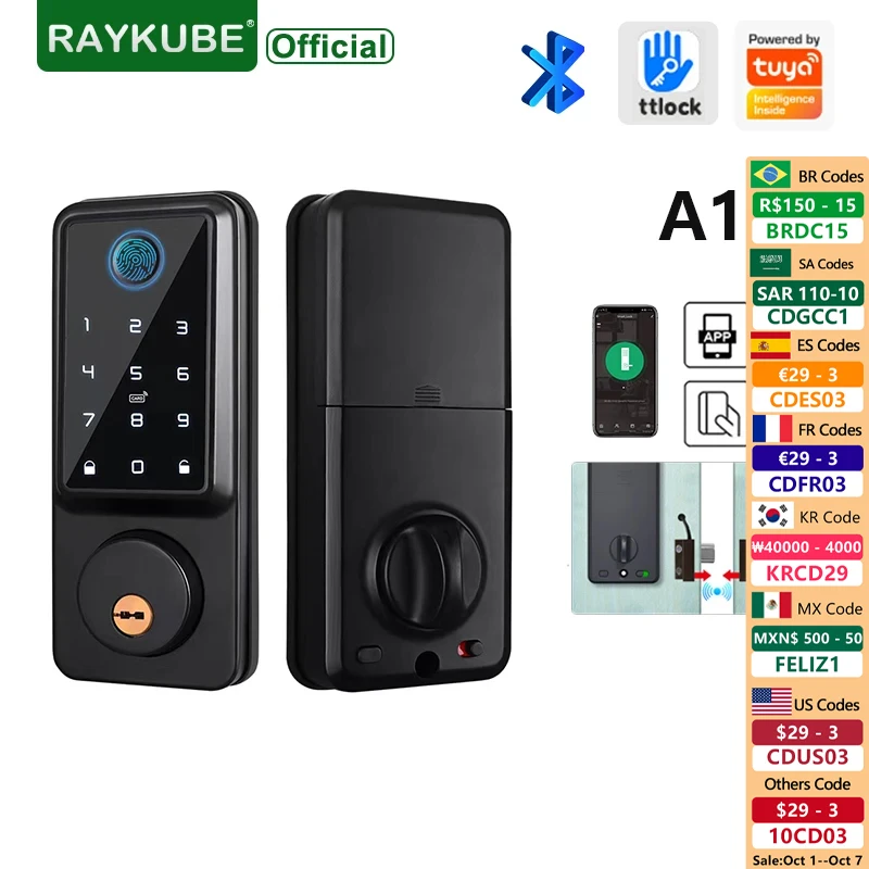 RAYKUBE A1 TT Lock/ Tuya WiFi Auto Fingerprint Deadbolt Smart Door Lock Digital Lock With Door Sensor Password/IC Card/APP/Key