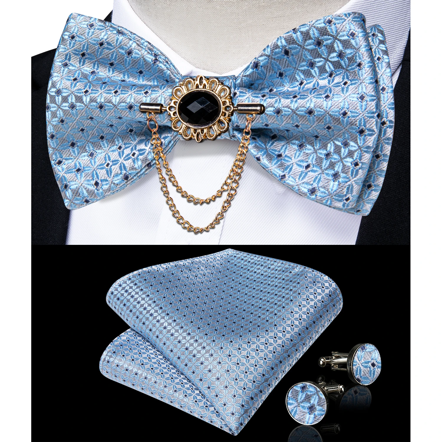 Exqusite männer Selbst-krawatte Bowties Hochzeit Krawatten Für Mann Zubehör Manschettenknöpfe Hanky Brosche Set Rot Schwarz Gelb blau Bowtie – Detail 17