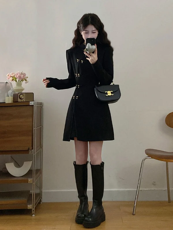 

New Chinese Style Modified Qipao Dress Women's Early Spring New Large Size Fat MM Waist Cinching Little Black Dress