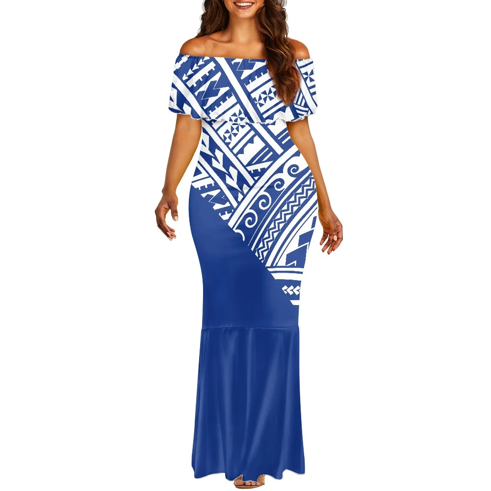 

Samoan Party Outfit Off Shoulder Mermaid Dresses Custom Gradient Tribal Tattoo Print on Demand Bodycon Evening Cocktail Dresses