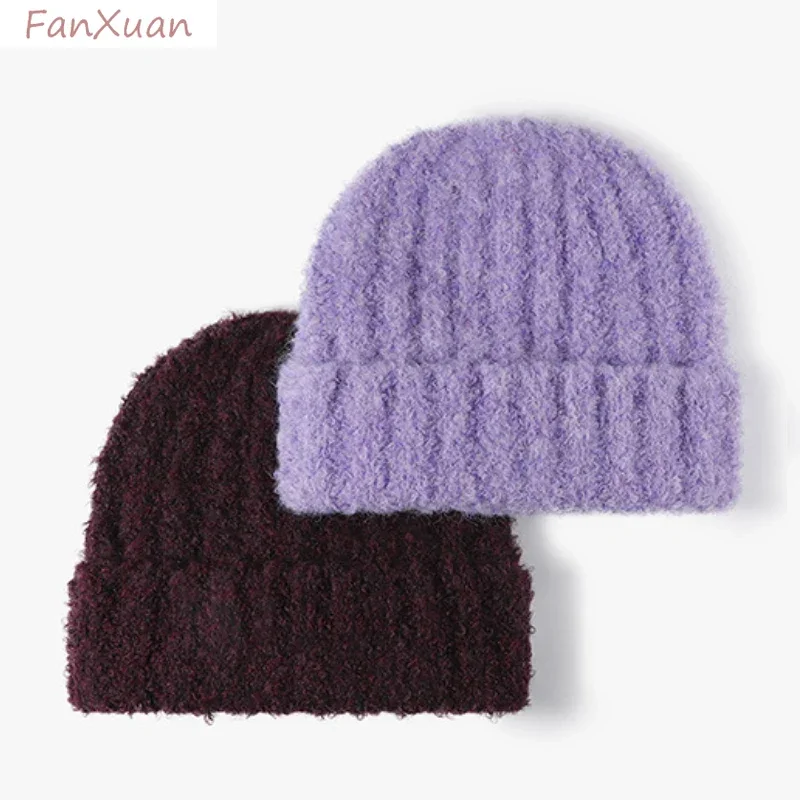 

Thickened Knit Beanies for Women Girls Winter Autumn Hats Female Solid Color Wool Hats