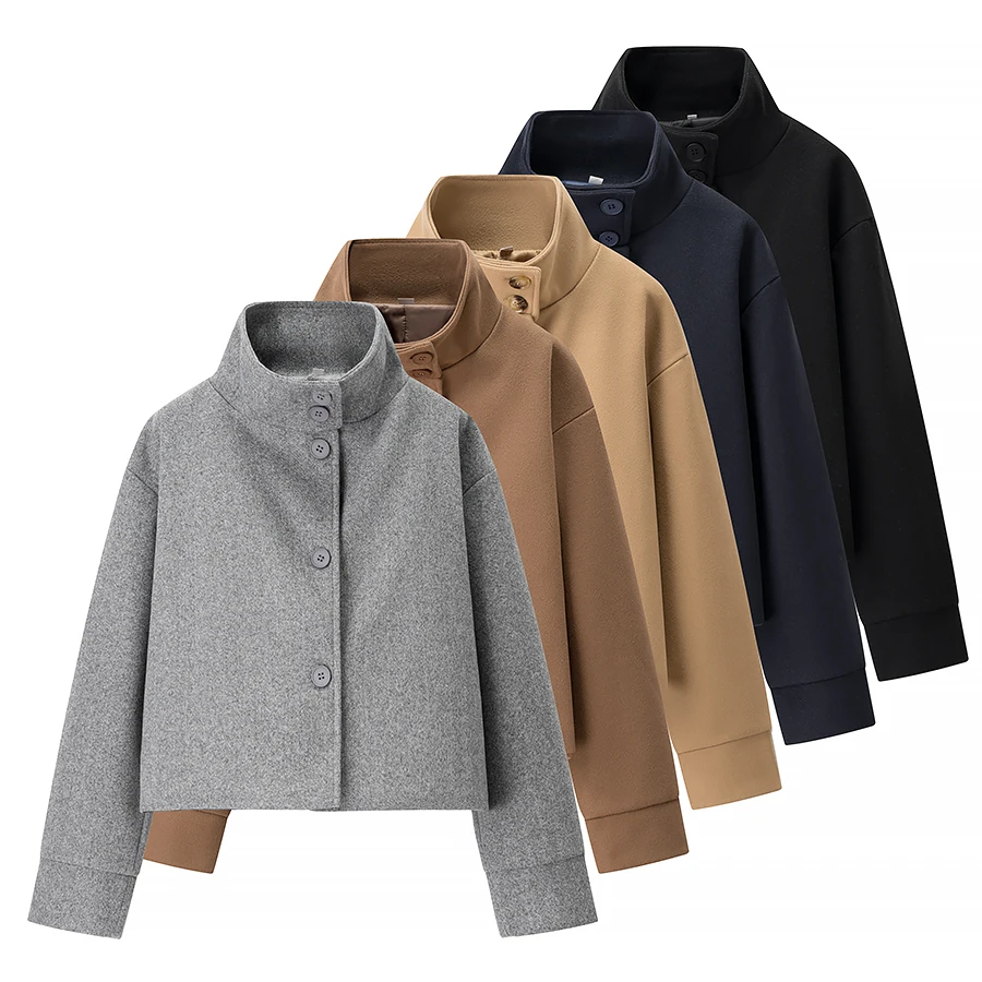 

2025 New Women's Minimalist Fashion Commuter Long-Sleeve Stand Collar Double-Breasted Wool Coat
