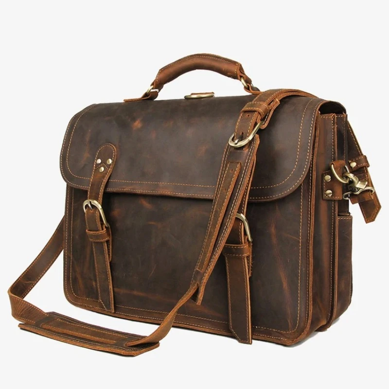 

Vintage Crazy Horse Genuine Leather Men Briefcase 15.6“Laptop Case Attache Large Business Bag Tote Office Bag Male Shoulder Bag