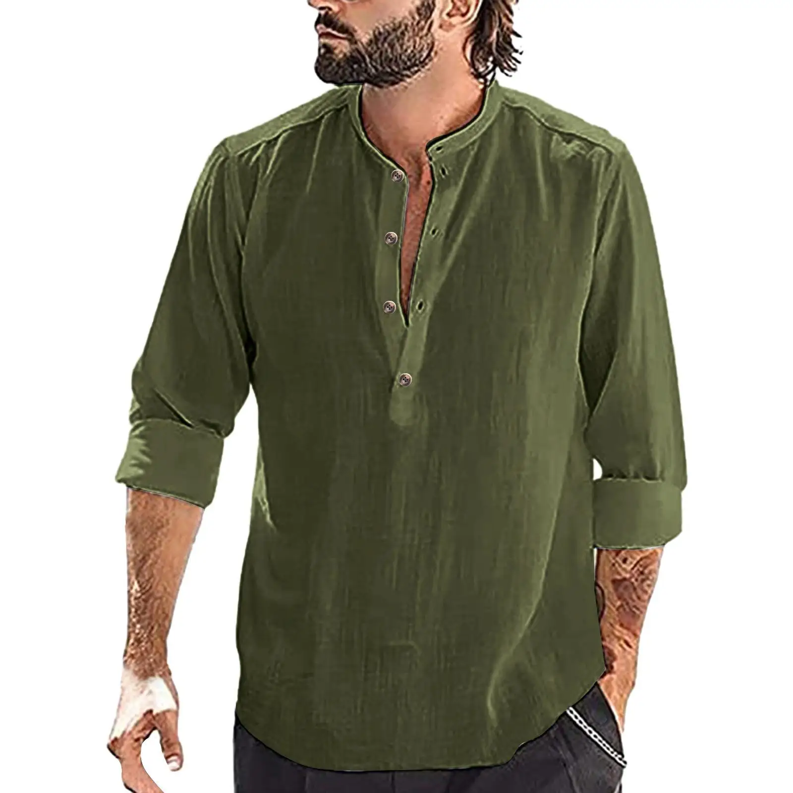 

Men's Trendy Stand up Collar irt Cotton Linen Long Sve Color Casual Busin Faion Mid-Aged Men's Clothing