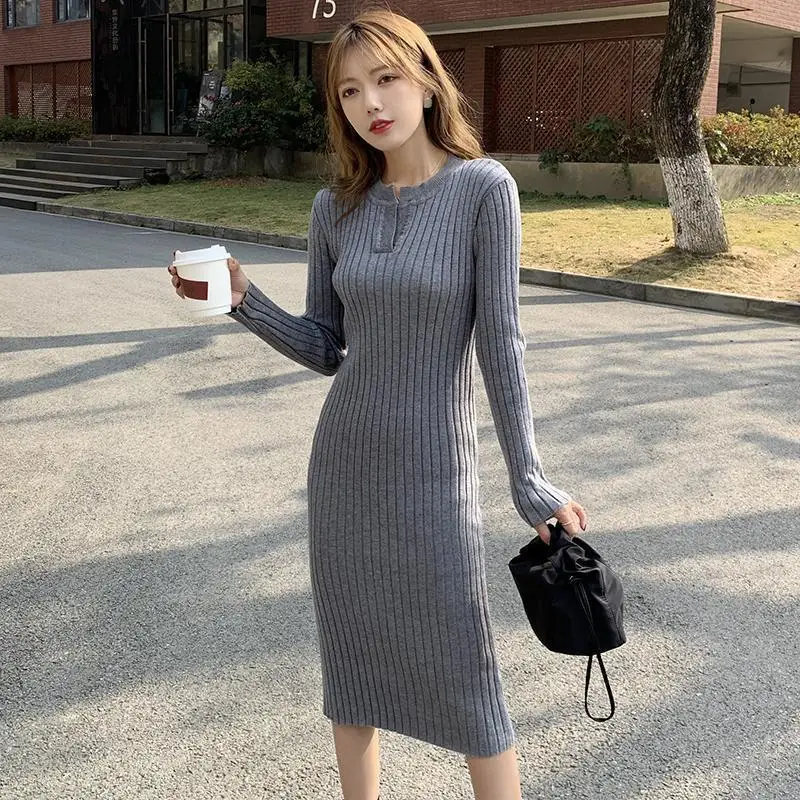 Cheap Casual Women\'s Sweater Dresses Black Long Sleeve Midi Bodycon Wrap Korean Sexy Vintage Female Knit Dress Autumn Winter New