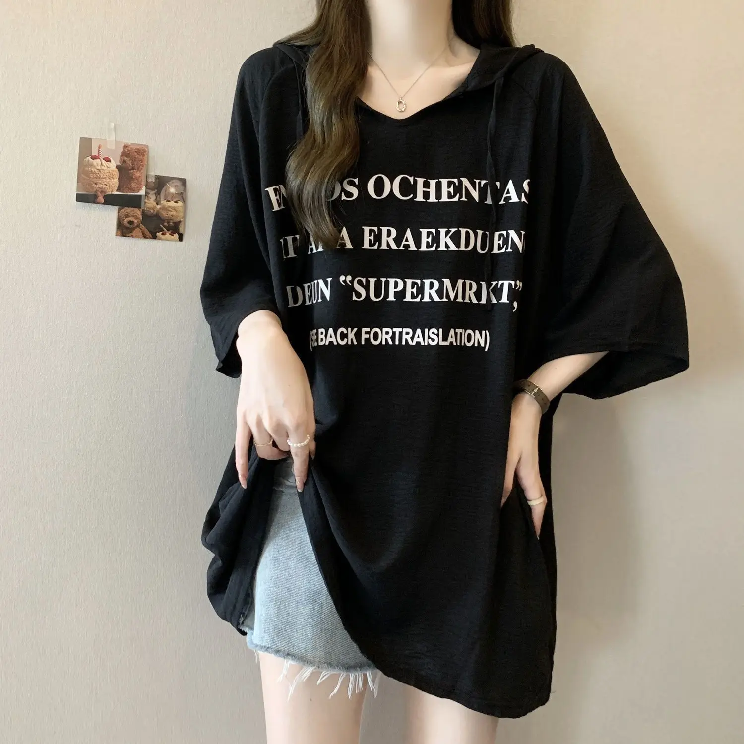 

Spring and Summer Plus Size Women's Best-selling Loose Body-shaping Slimming Hooded Letter Printed Short-sleeve T-shirt