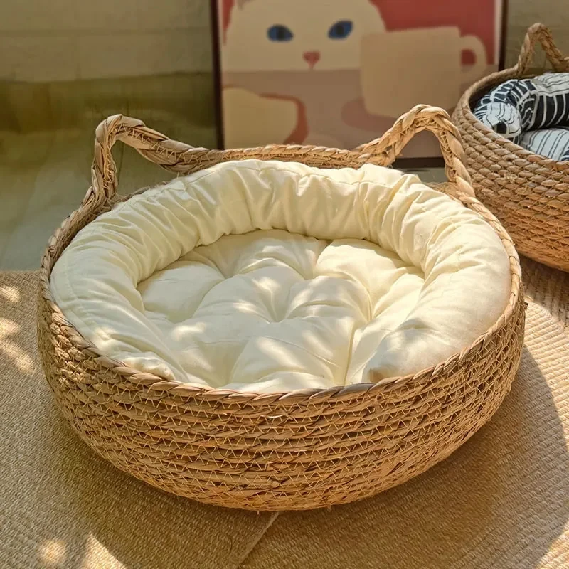 Ninho para Gatos Artesanal Universal Quatro Estações em Vime, Almofada Térmica Sazonal Destacável e Lavável, Acessórios de Inverno para Animais de Estimação