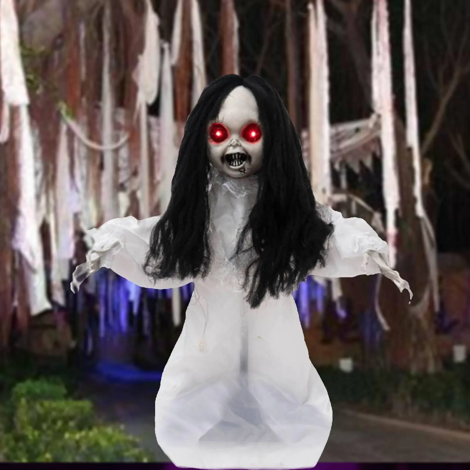 Halloween Horror Doll with Sound Decorative with LED Eyes Girl in White Dress Creepy Doll for Houses Party Supplies Home