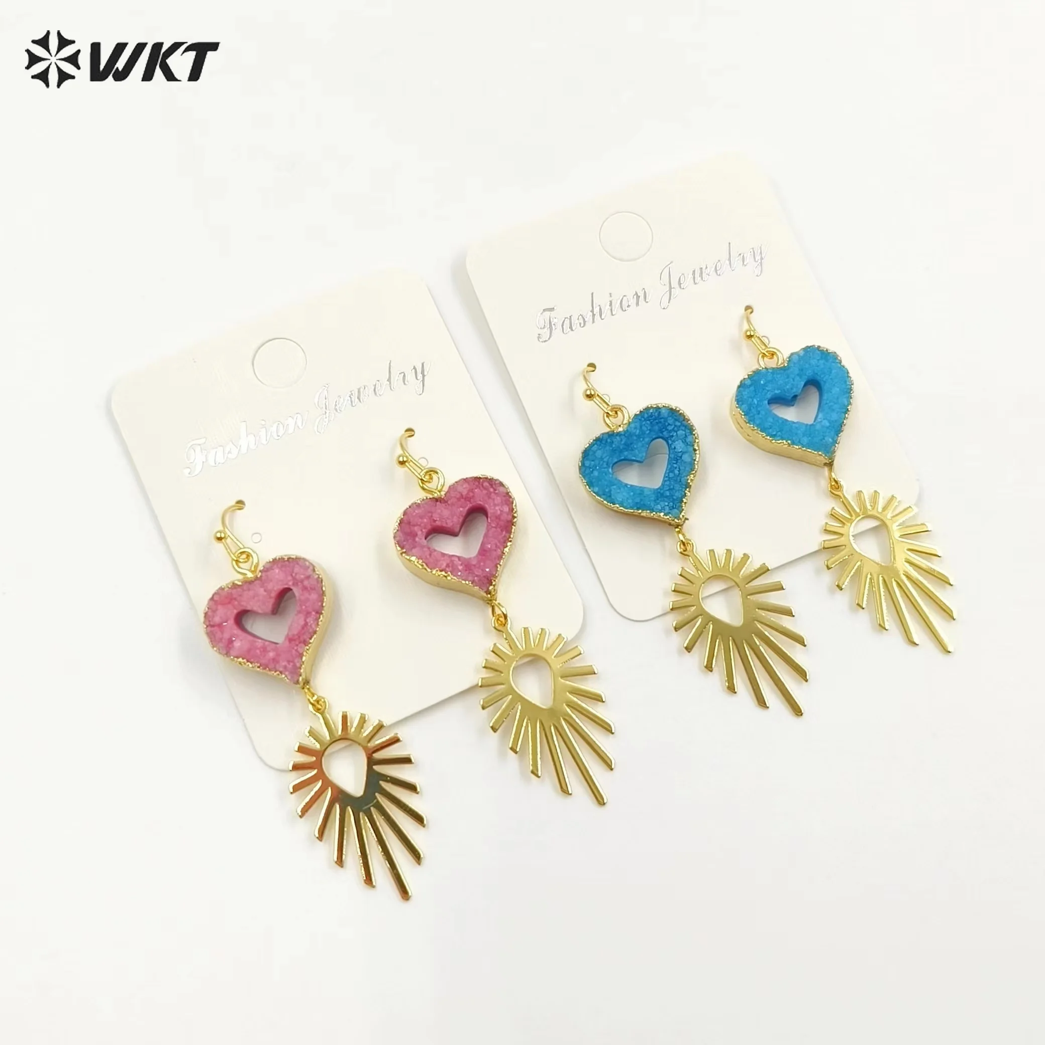 

WT-E747 Trendy Heart Shape And Natural Colorful Druzy Quartz 18k Gold Plated Hook Earings For Girls Dress Fine Decorative