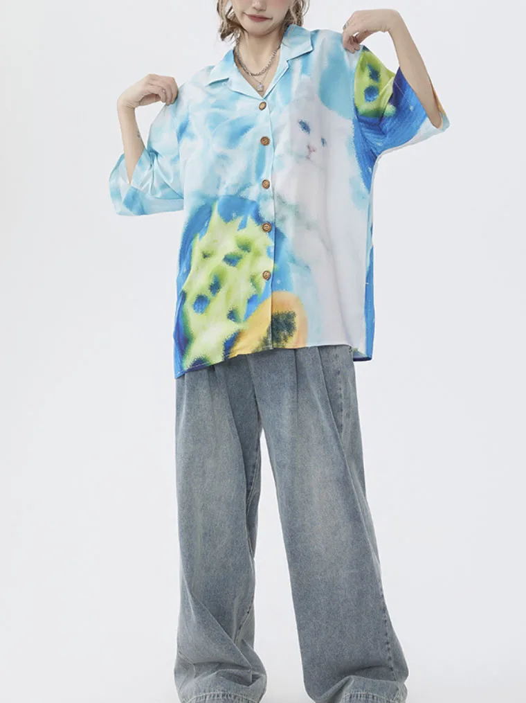 

Vintage Printed V-Neck Button Half Sleeve Shirt Oversized Loose Top Commute Women's Clothing Fashion Casual Blouse