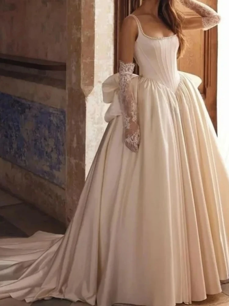 

A3321 Высококачественные атласные свадебные платья с жемчугом и бантом трапециевидной формы длиной до пола, свадебное платье для выпускного вечера, официальная одежда, новинка по индивидуальному заказу